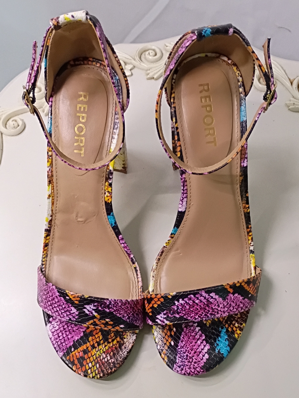 Report Multicolor Snakeskin Ankle-Strap Heels - Pink, Yellow, Blue